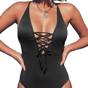 Women's V Neck Lace Up One Piece Swimsuit